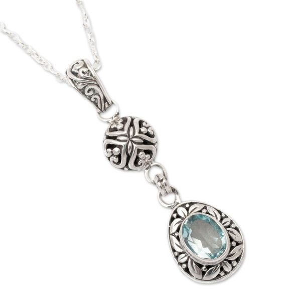 Alternate image for Sterling Silver Blue Topaz Pendant Necklace with Leaf Motifs Loyal Summer
