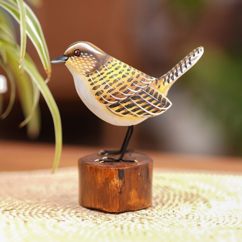 Handcrafted Suar Wood Canary Sculpture with Wooden Base 'Singing Canary'