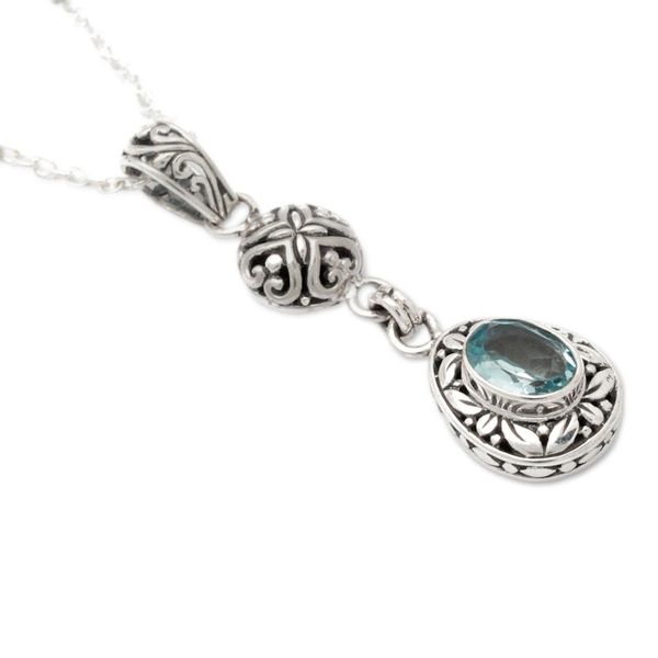 Alternate image for Sterling Silver Blue Topaz Pendant Necklace with Leaf Motifs Loyal Summer
