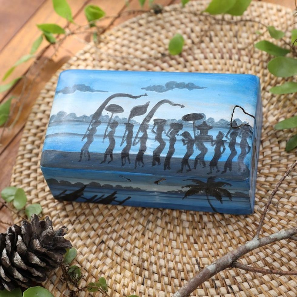 Painted Melasti-Inspired Suar Wood Decorative Box in Blue 'Melasti Morning'