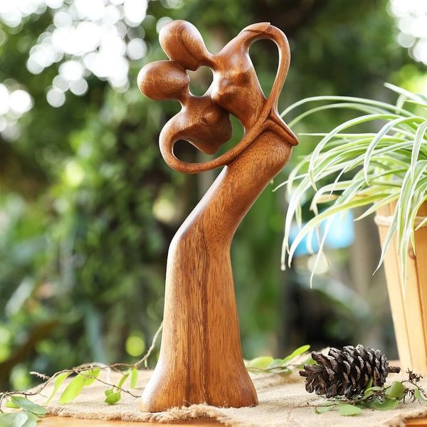Alternate image for Hand-Carved Suar Wood Sculpture of a Dancing Couple in Love One Heart and Love