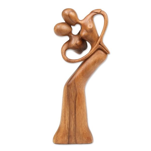 Alternate image for Hand-Carved Suar Wood Sculpture of a Dancing Couple in Love One Heart and Love