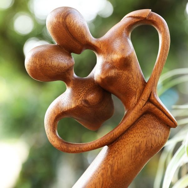 Alternate image for Hand-Carved Suar Wood Sculpture of a Dancing Couple in Love One Heart and Love
