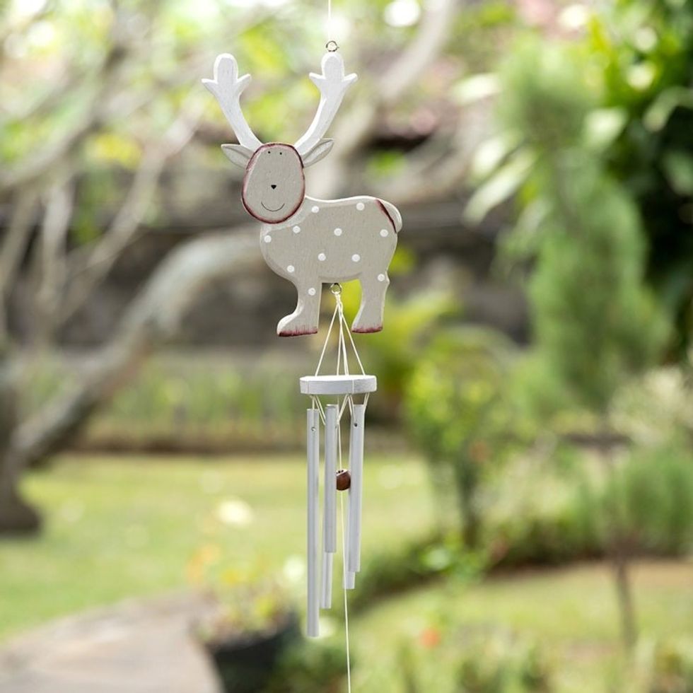 Hand-Painted Brown Wood Reindeer Wind Chime Christmas Decor 'Delightful Reindeer'