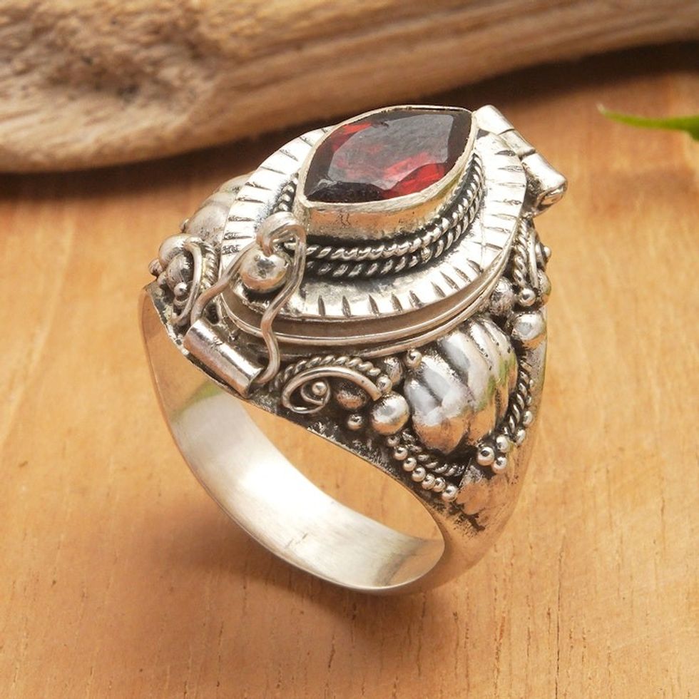 Sterling Silver Locket Ring with Garnet Stone from Bali 'Color of Passion'