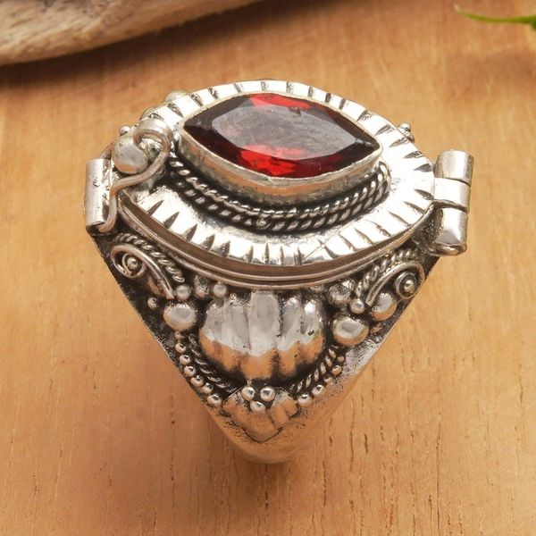 Alternate image for Sterling Silver Locket Ring with Garnet Stone from Bali Color of Passion