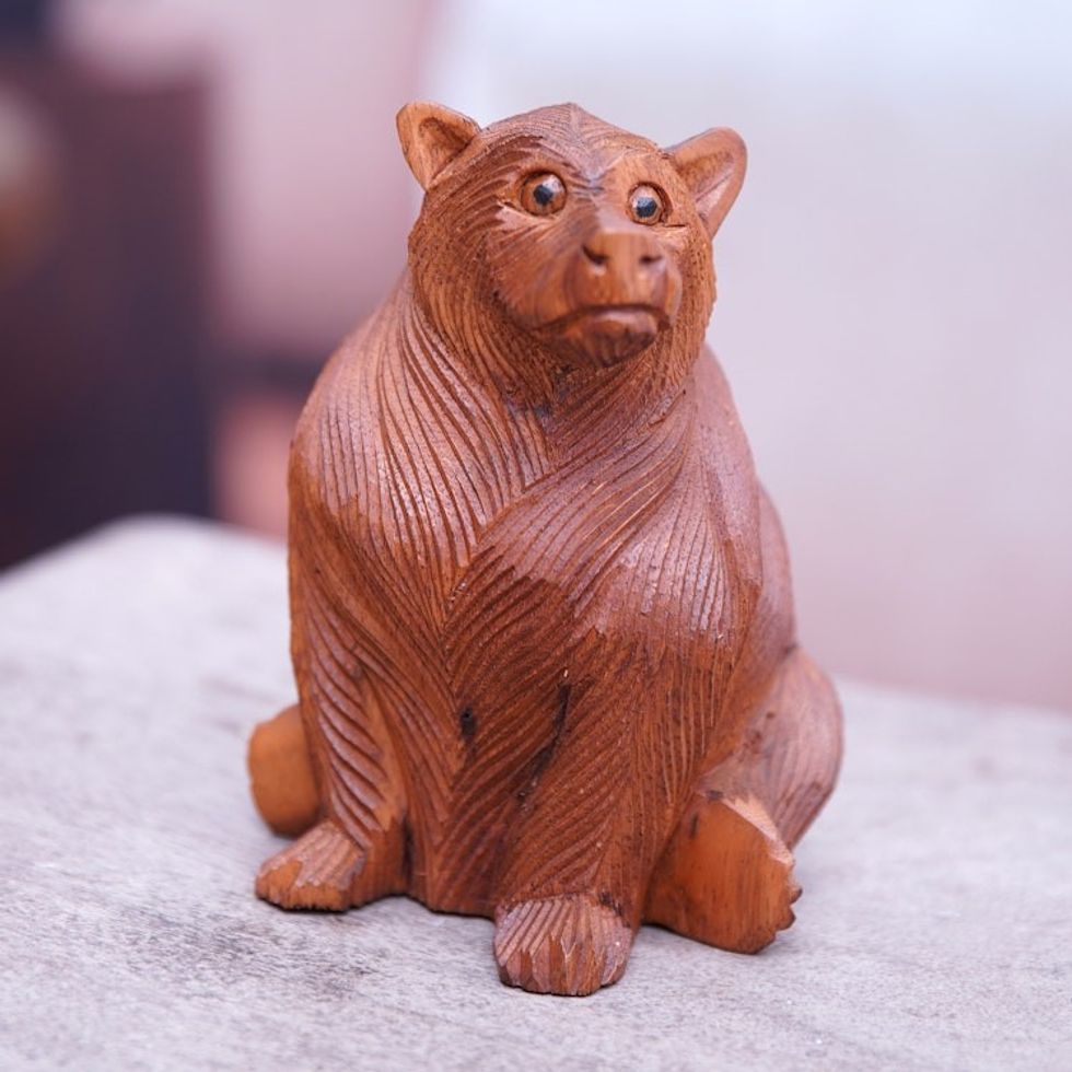 Hand-Carved Bear-Themed Suar Wood Sculpture from Bali 'Giant Bear'