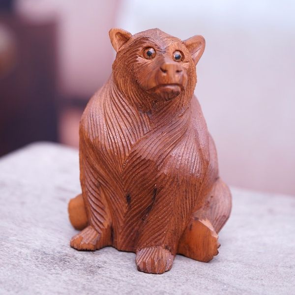 Alternate image for Hand-Carved Bear-Themed Suar Wood Sculpture from Bali Giant Bear