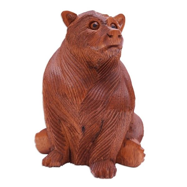 Alternate image for Hand-Carved Bear-Themed Suar Wood Sculpture from Bali Giant Bear