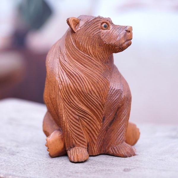 Alternate image for Hand-Carved Bear-Themed Suar Wood Sculpture from Bali Giant Bear