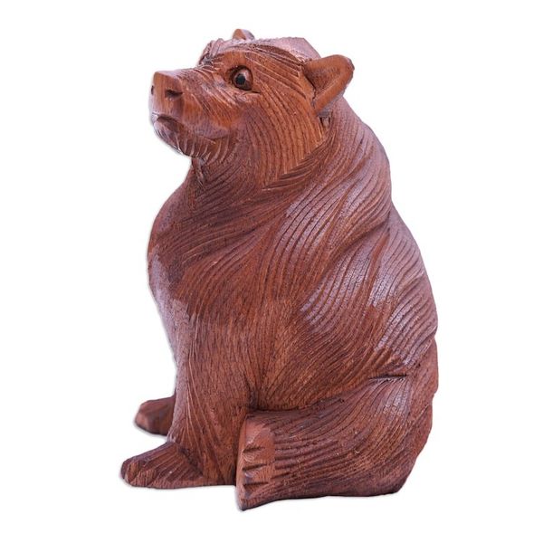 Alternate image for Hand-Carved Bear-Themed Suar Wood Sculpture from Bali Giant Bear