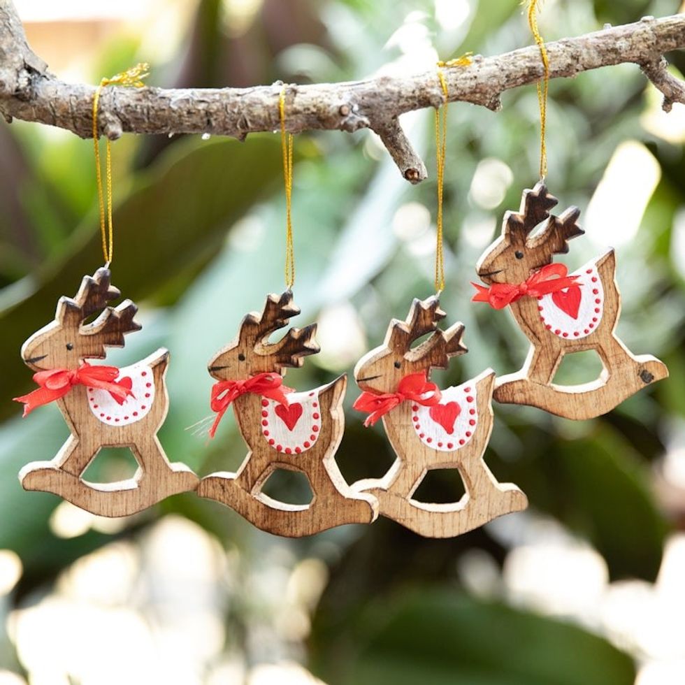 Handcrafted Albesia Wood Rocking Deer Ornaments Set of 4 'Adorable Deer'