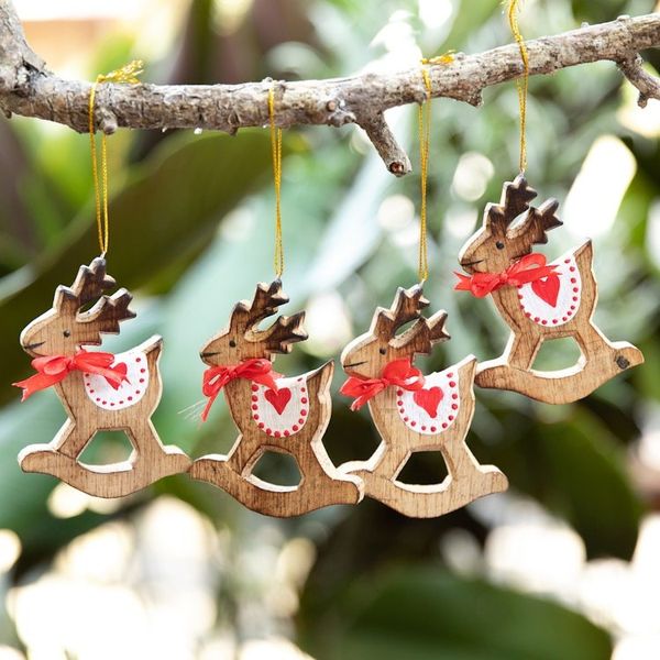 Alternate image for Handcrafted Albesia Wood Rocking Deer Ornaments Set of 4 Adorable Deer