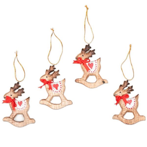 Alternate image for Handcrafted Albesia Wood Rocking Deer Ornaments Set of 4 Adorable Deer