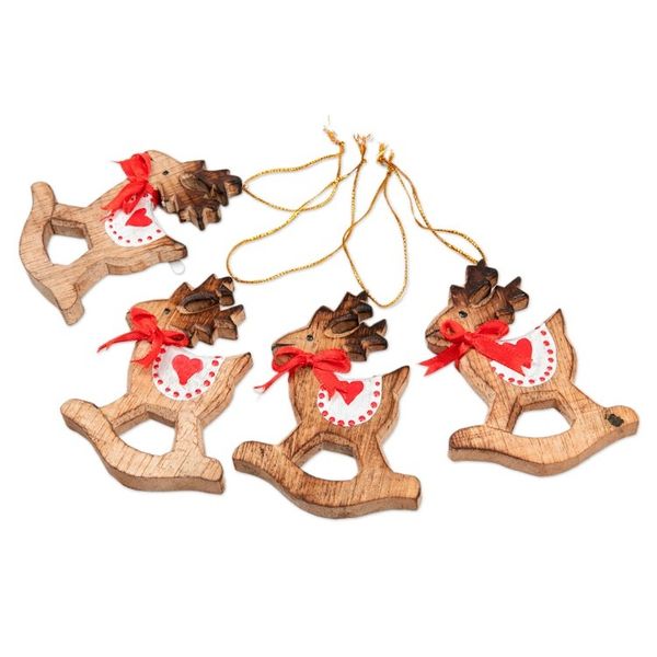 Alternate image for Handcrafted Albesia Wood Rocking Deer Ornaments Set of 4 Adorable Deer