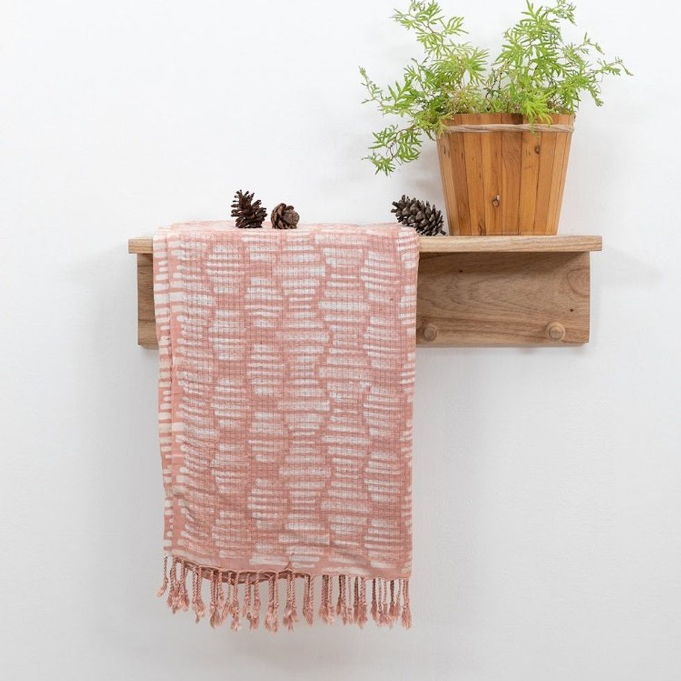 Handwoven Peach and White 100 Rayon Scarf with Fringes 'Peach Mosaic'