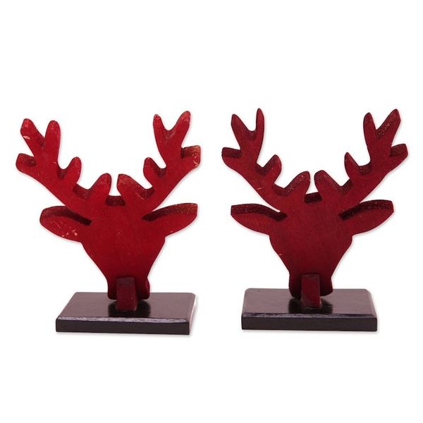 Alternate image for Painted Reindeer-Themed Red Pule Wood Home Accents Pair Deer Red