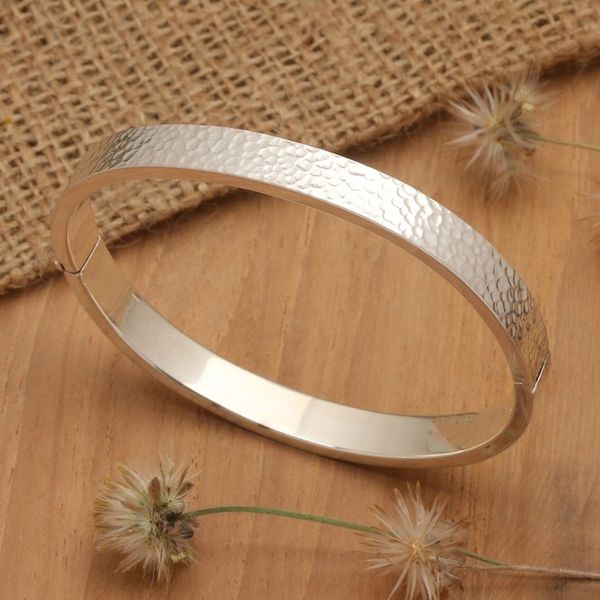 Alternate image for Textured 925 Silver Oval Bangle-Style Wristband Bracelet Textured Oval