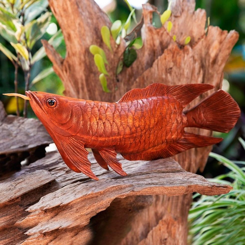 Hand-Carved Suar Wood Arowana Fish Sculpture from Bali 'Asian Arowana'