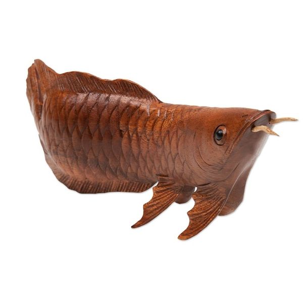 Alternate image for Hand-Carved Suar Wood Arowana Fish Sculpture from Bali Asian Arowana