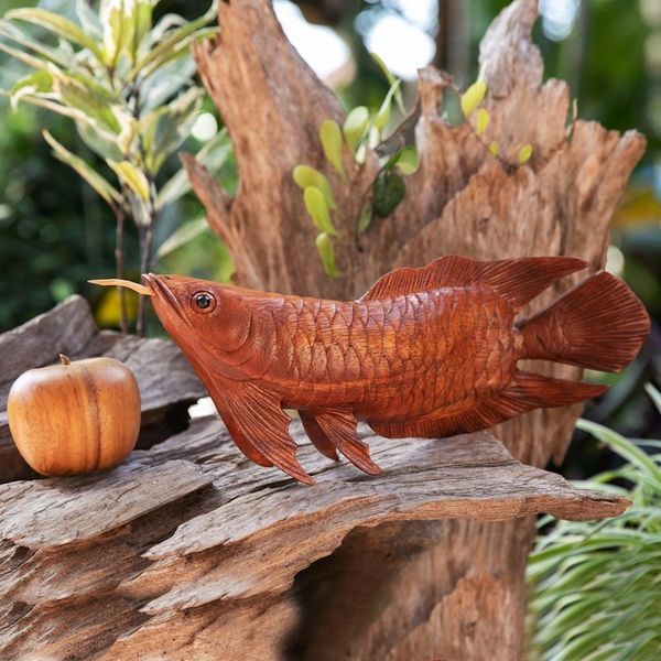 Alternate image for Hand-Carved Suar Wood Arowana Fish Sculpture from Bali Asian Arowana
