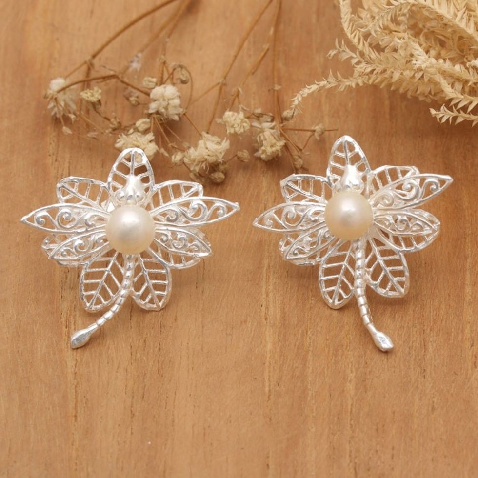 Leafy and Dragonfly-Themed Cultured Pearl Button Earrings 'Celestial Dragonfly'