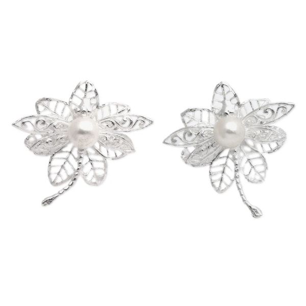 Alternate image for Leafy and Dragonfly-Themed Cultured Pearl Button Earrings Celestial Dragonfly