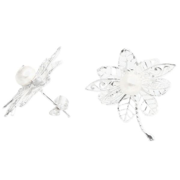 Alternate image for Leafy and Dragonfly-Themed Cultured Pearl Button Earrings Celestial Dragonfly