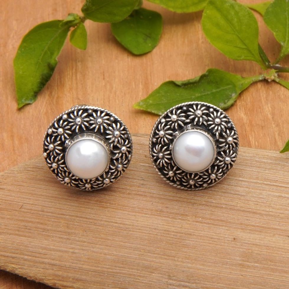 Floral Sterling Silver Button Earrings with White Pearls 'Innocence Bouquet'