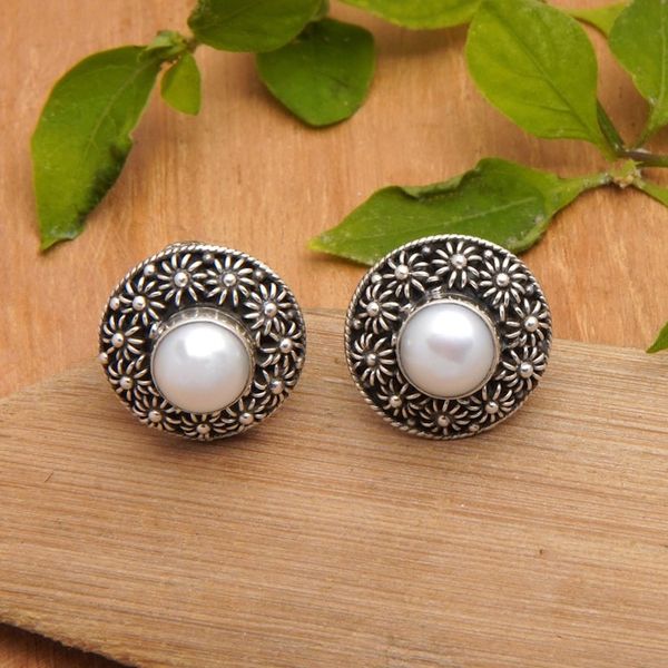 Alternate image for Floral Sterling Silver Button Earrings with White Pearls Innocence Bouquet