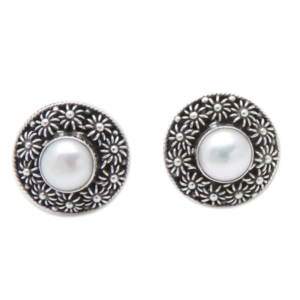 Alternate image for Floral Sterling Silver Button Earrings with White Pearls Innocence Bouquet