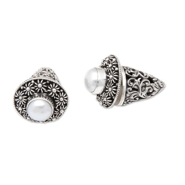 Alternate image for Floral Sterling Silver Button Earrings with White Pearls Innocence Bouquet