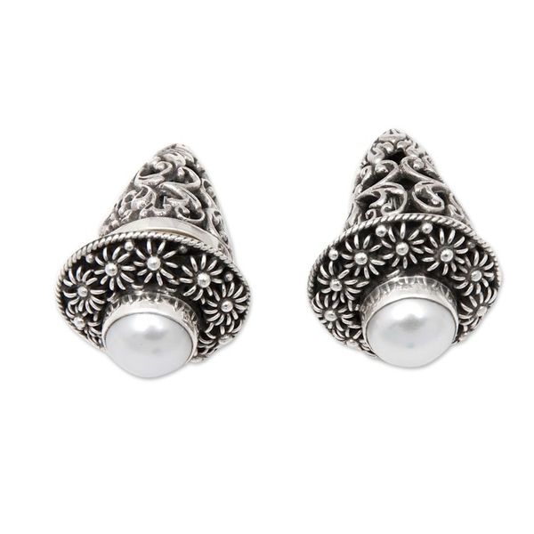 Alternate image for Floral Sterling Silver Button Earrings with White Pearls Innocence Bouquet