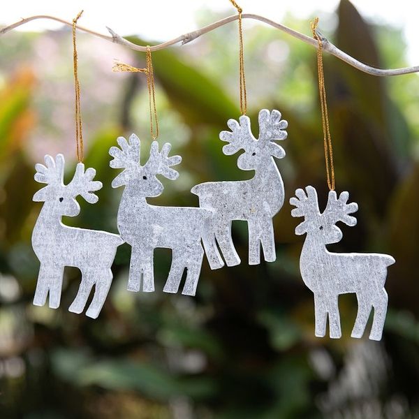Alternate image for Set of 4 Silver Albesia Wood Holiday Reindeer Ornaments Divine Reindeer
