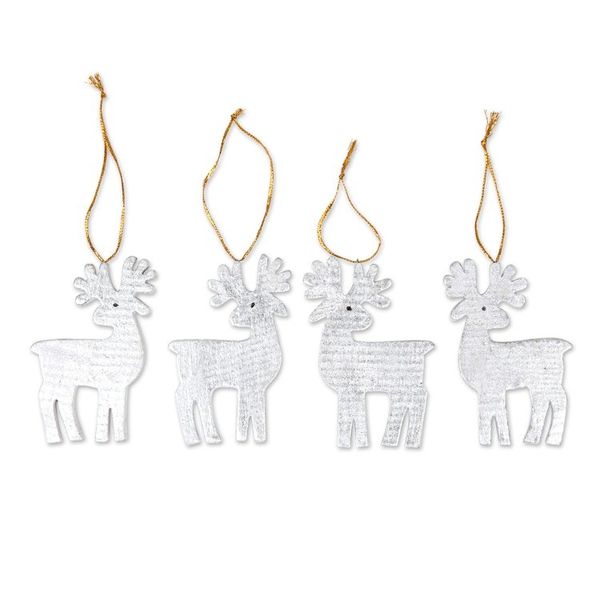 Alternate image for Set of 4 Silver Albesia Wood Holiday Reindeer Ornaments Divine Reindeer