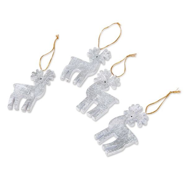 Alternate image for Set of 4 Silver Albesia Wood Holiday Reindeer Ornaments Divine Reindeer