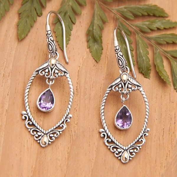 Alternate image for 925 Silver Dangle Earrings with Amethysts and Gold Accents Mystic Purple