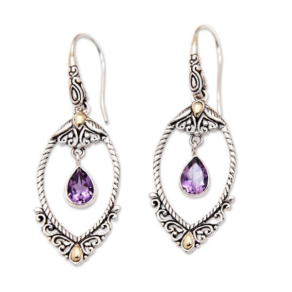 Alternate image for 925 Silver Dangle Earrings with Amethysts and Gold Accents Mystic Purple