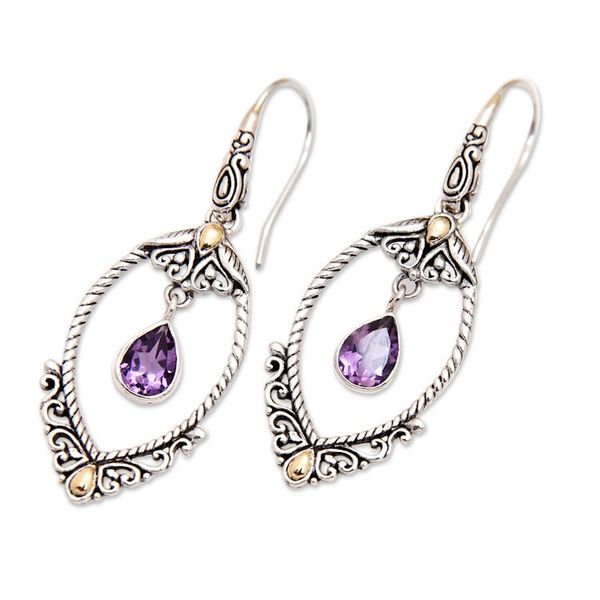 Alternate image for 925 Silver Dangle Earrings with Amethysts and Gold Accents Mystic Purple