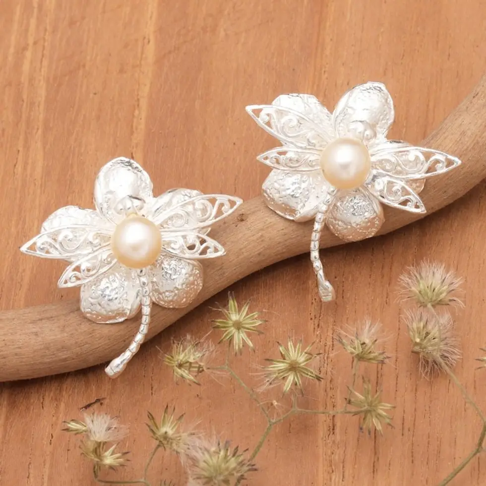 Floral and Dragonfly-Themed Yellow Pearl Button Earrings 'Joyous Dragonfly'