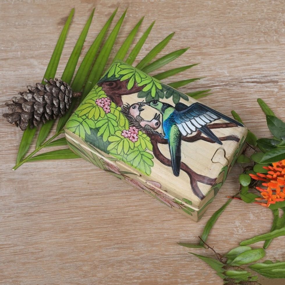 Hand-Painted Bird-Themed Suar Wood Decorative Box from Bali 'The Bird Nest'