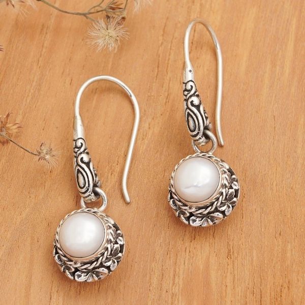 Alternate image for Frangipani Sterling Silver Dangle Earrings with Grey Pearls Frangipani Majesty