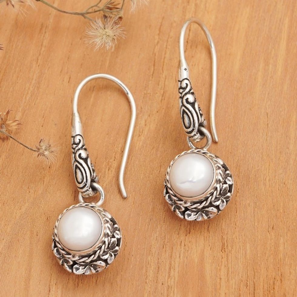 Frangipani Sterling Silver Dangle Earrings with Grey Pearls 'Frangipani Majesty'