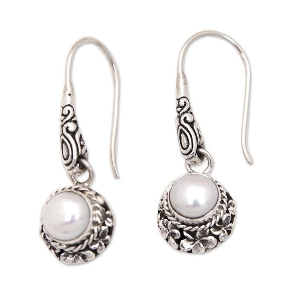 Alternate image for Frangipani Sterling Silver Dangle Earrings with Grey Pearls Frangipani Majesty