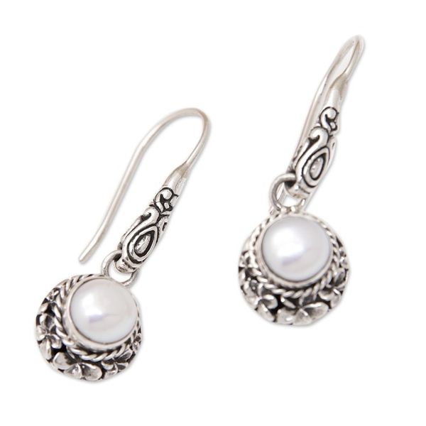 Alternate image for Frangipani Sterling Silver Dangle Earrings with Grey Pearls Frangipani Majesty