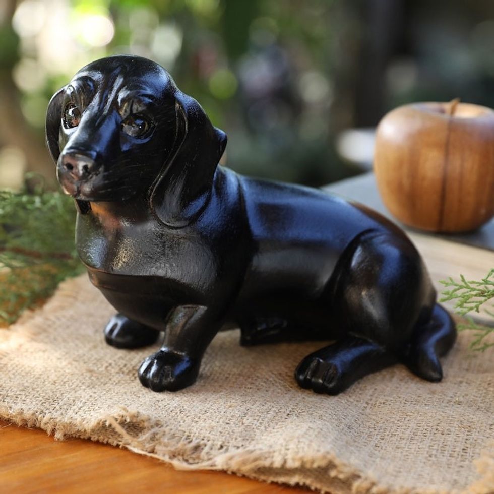 Hand-Painted Wood Figurine of Stretching Black Dachshund 'Happy Black Dachshund'