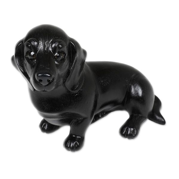 Alternate image for Hand-Painted Wood Figurine of Stretching Black Dachshund Happy Black Dachshund