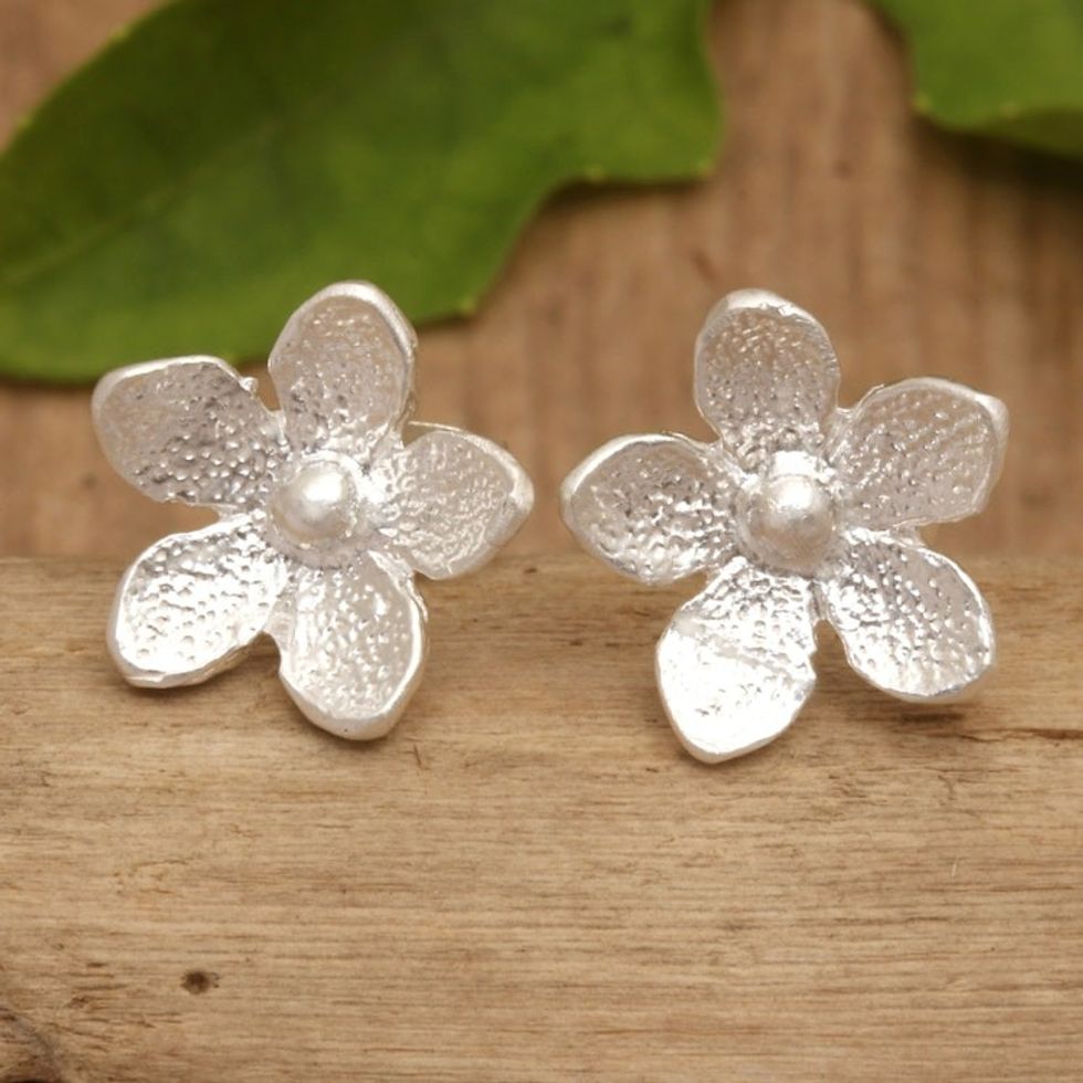 Polished Sandblasted Sterling Silver Floral Stud Earrings 'Jasmine Flair'