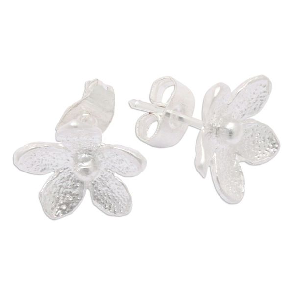 Alternate image for Polished Sandblasted Sterling Silver Floral Stud Earrings Jasmine Flair