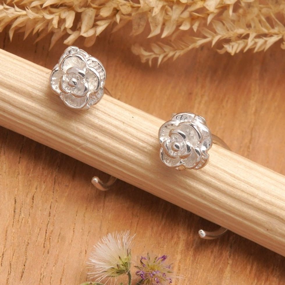 Rose-Shaped Sterling Silver Ear Cuffs from Bali 'Rose Aura'